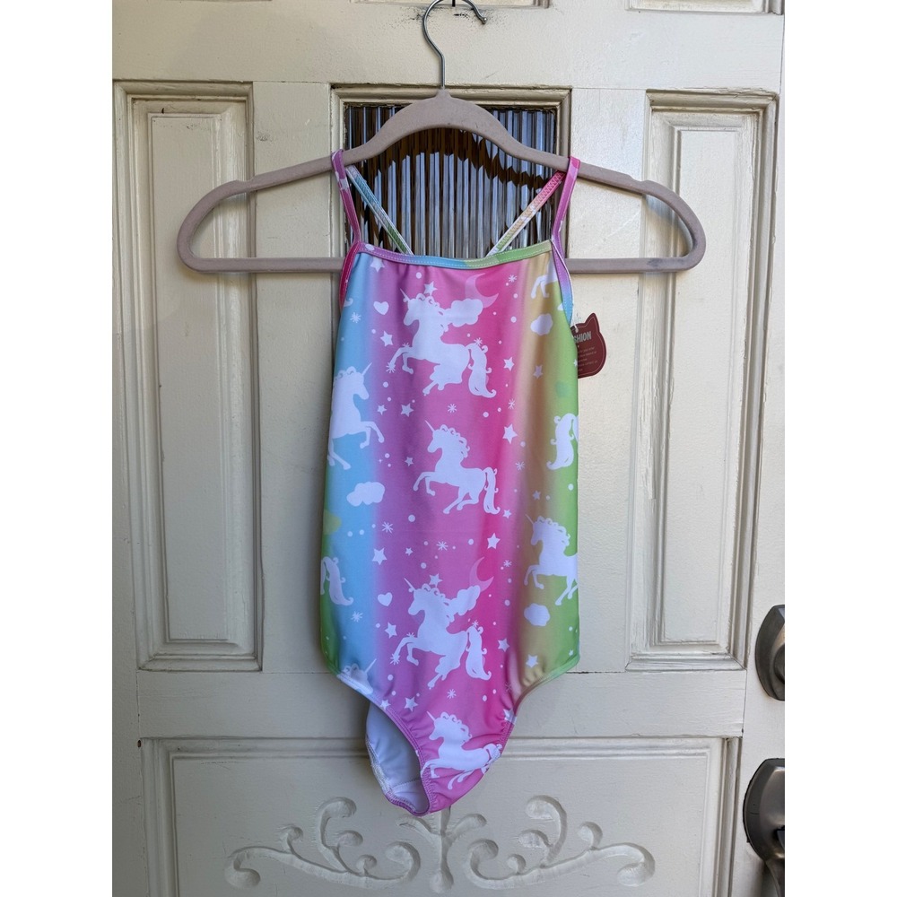 Fashion Kids Rainbow Unicorn One Piece Swimsuit Size 8/130 Pink Blue Green Star